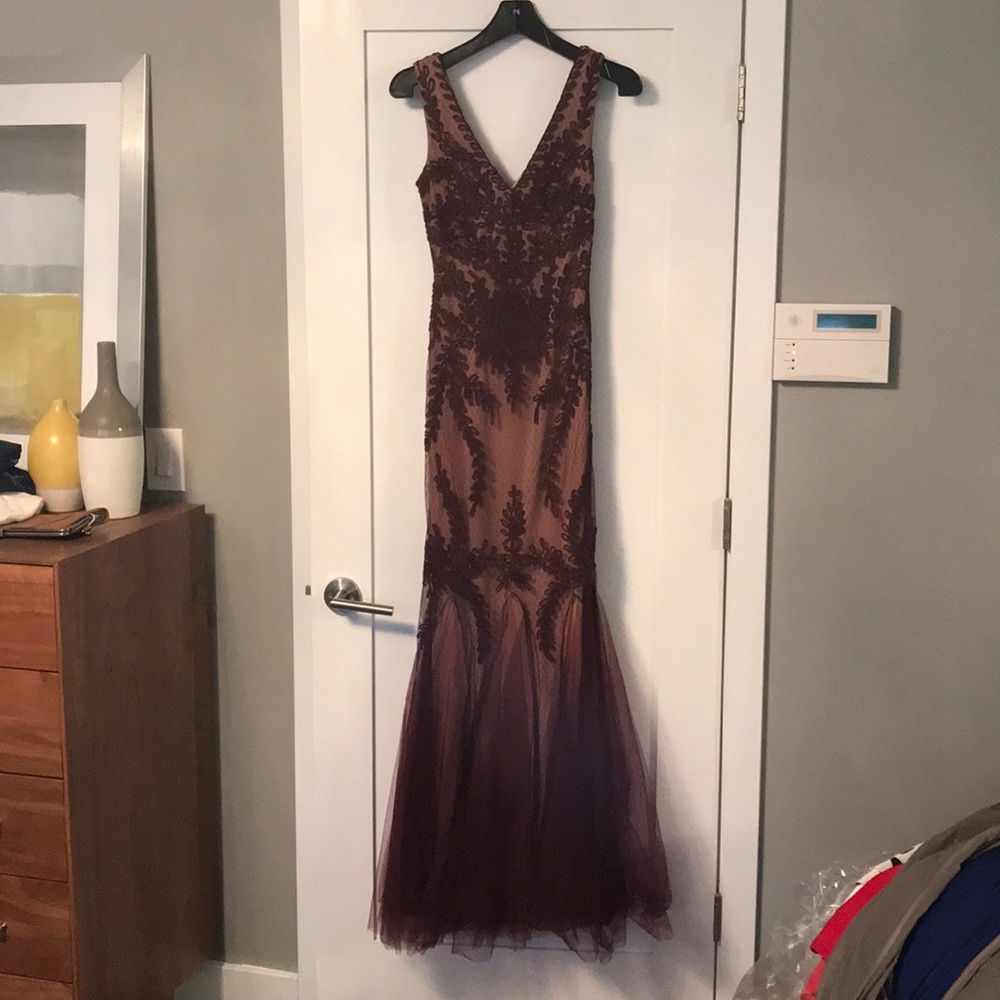 Cachet formal burgundy / wine lace gown
